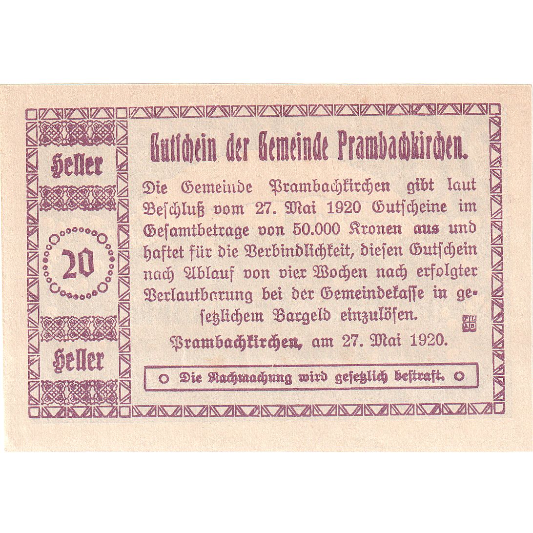 Austria, Prambachkirchen, 20 Heller, village, 1920, UNC(63), Mehl:FS 779a