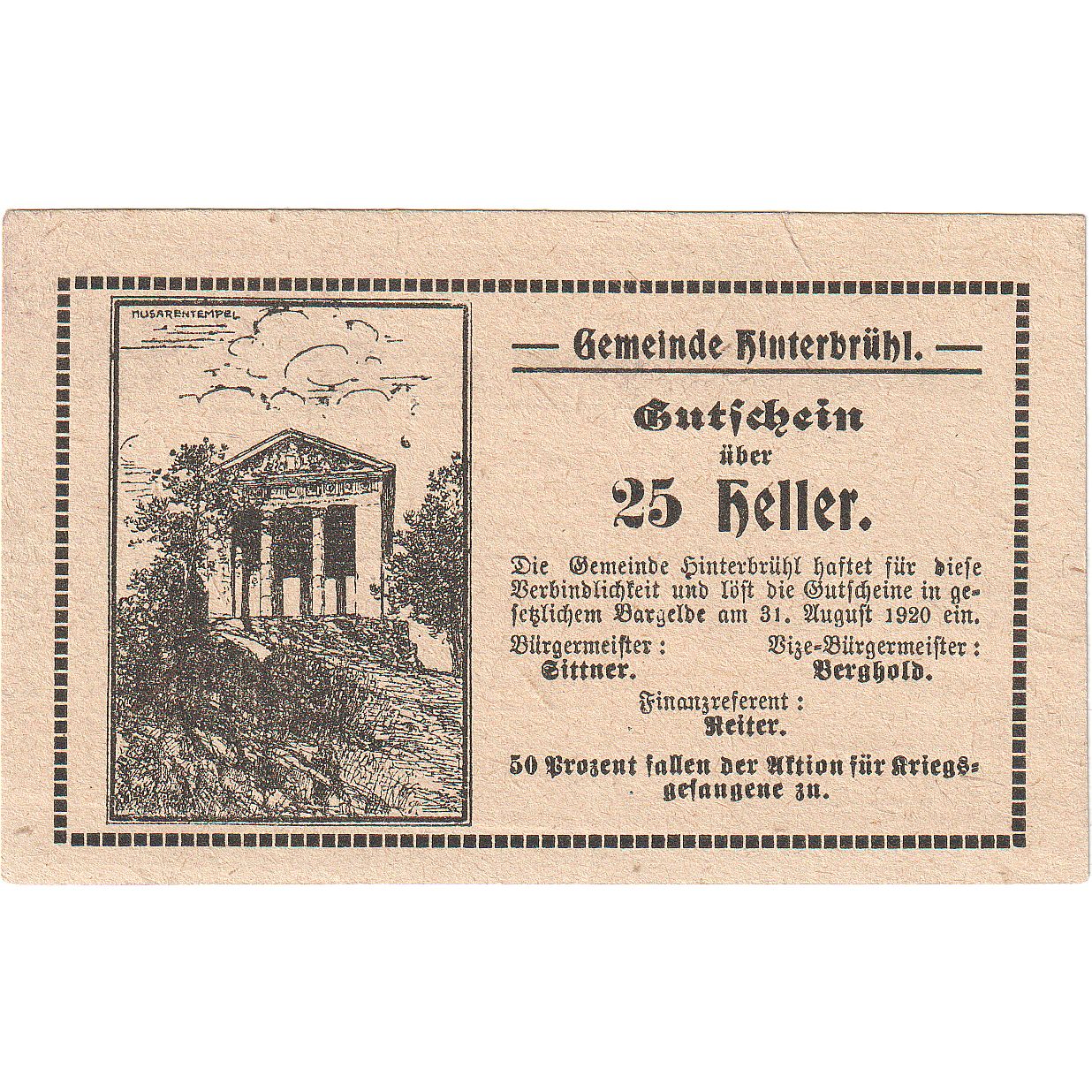 Austria, Hinterbrühl, 25 Heller, Monument 1920-08-31, UNC(63), Mehl:FS 376IIIa