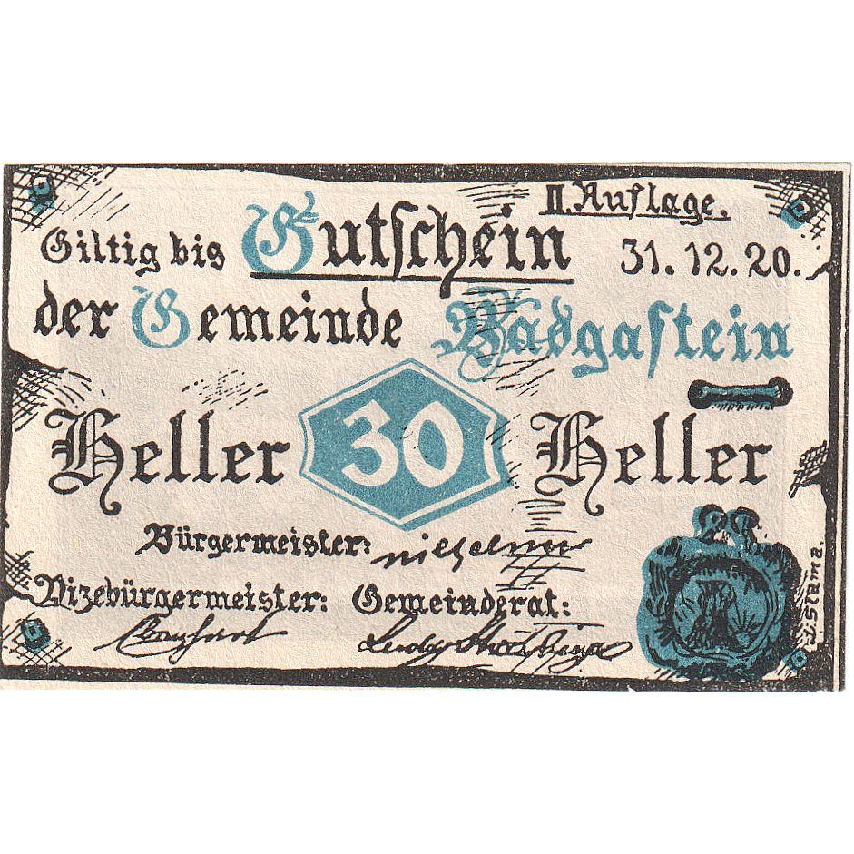 Austria, Bad Gastein, 30 Heller, Ville, 1920, 1920-12-31, UNC(63), Mehl:FS 75IIa