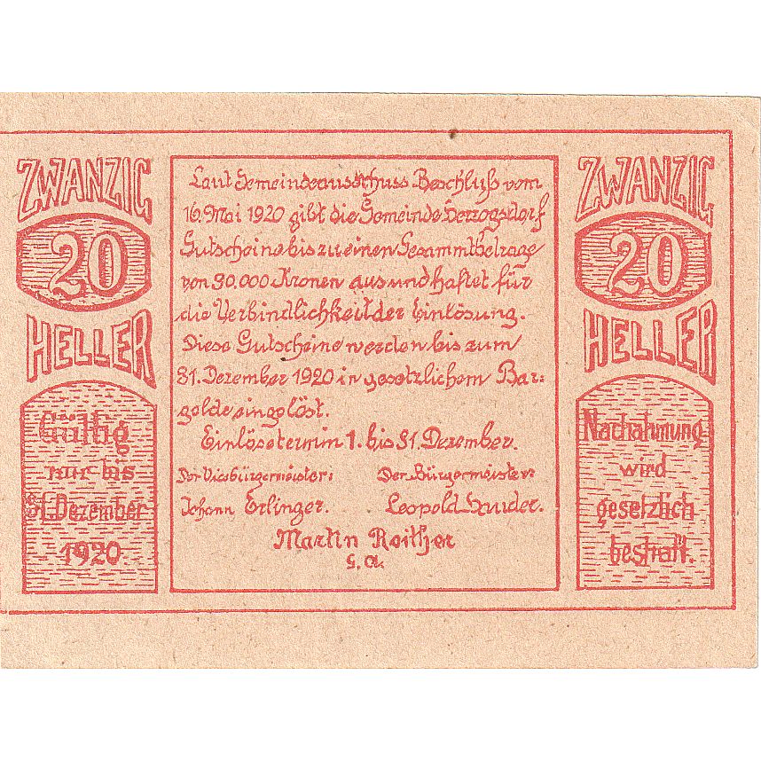 Austria, Herzogsdorf, 20 Heller, village, 1920, 1920-12-31, SC, Mehl:FS 373I