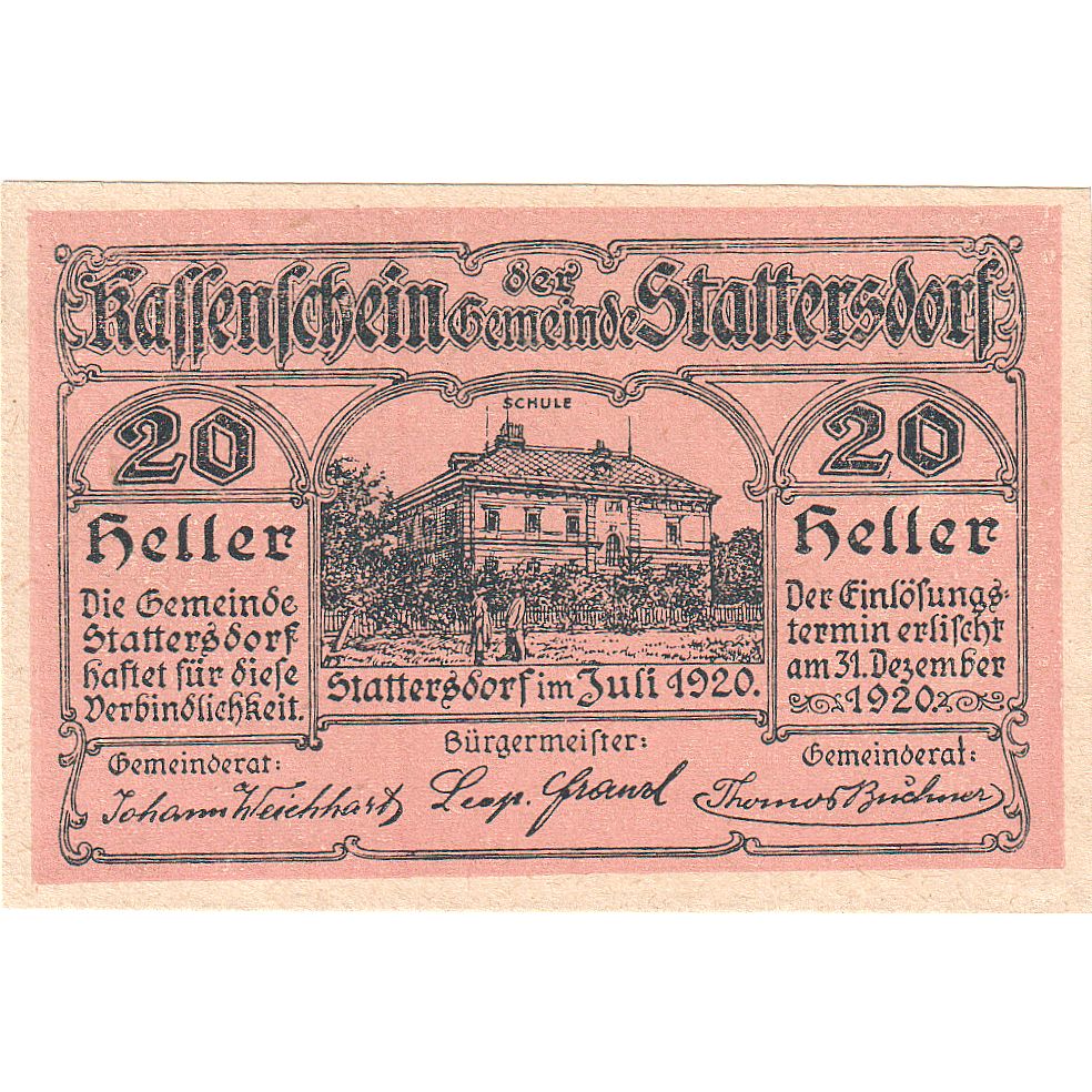 Austria, Stattersdorf, 20 Heller, ecole, 1920, 1920-12-31, SC, Mehl:FS 1112