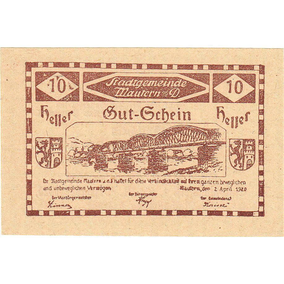 Austria, Mautern, 10 Heller, pont, 1920, 1920-12-31, UNC(63), Mehl:FS 600IAa