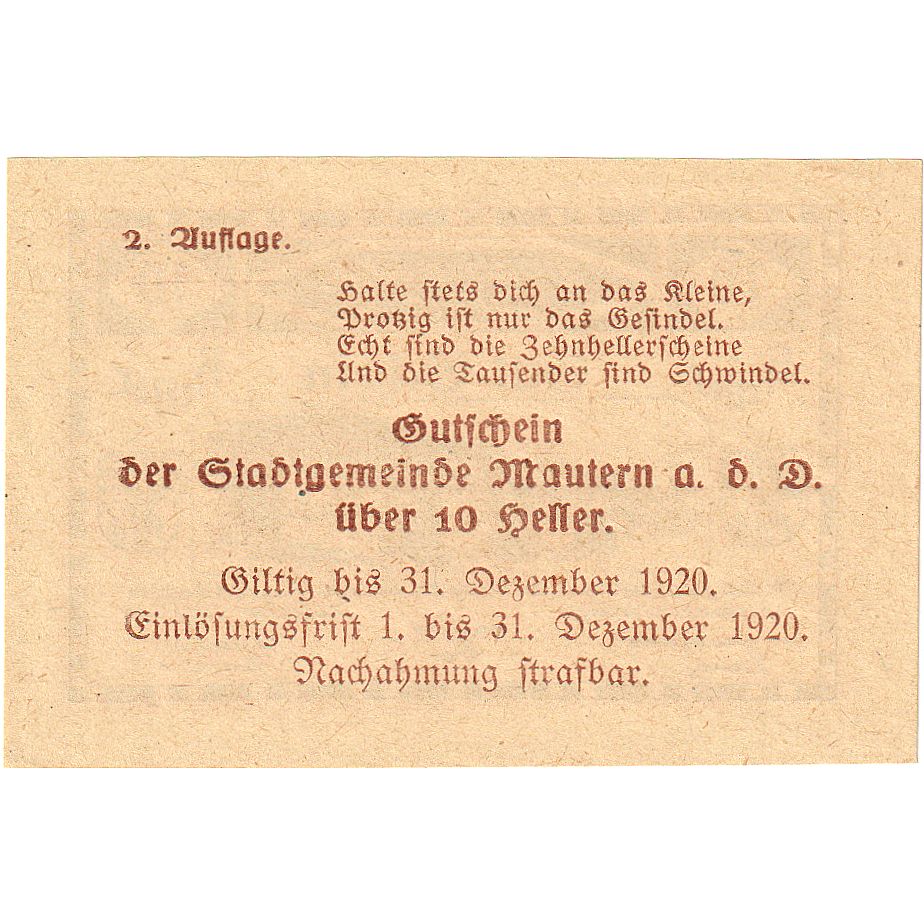 Austria, Mautern, 10 Heller, pont, 1920, 1920-12-31, UNC(63), Mehl:FS 600IAa