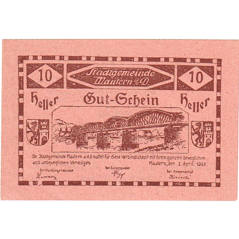 Austria, Mautern, 10 Heller, Blason, 1920, 1920-12-31, UNC(63), Mehl:FS 600IAa