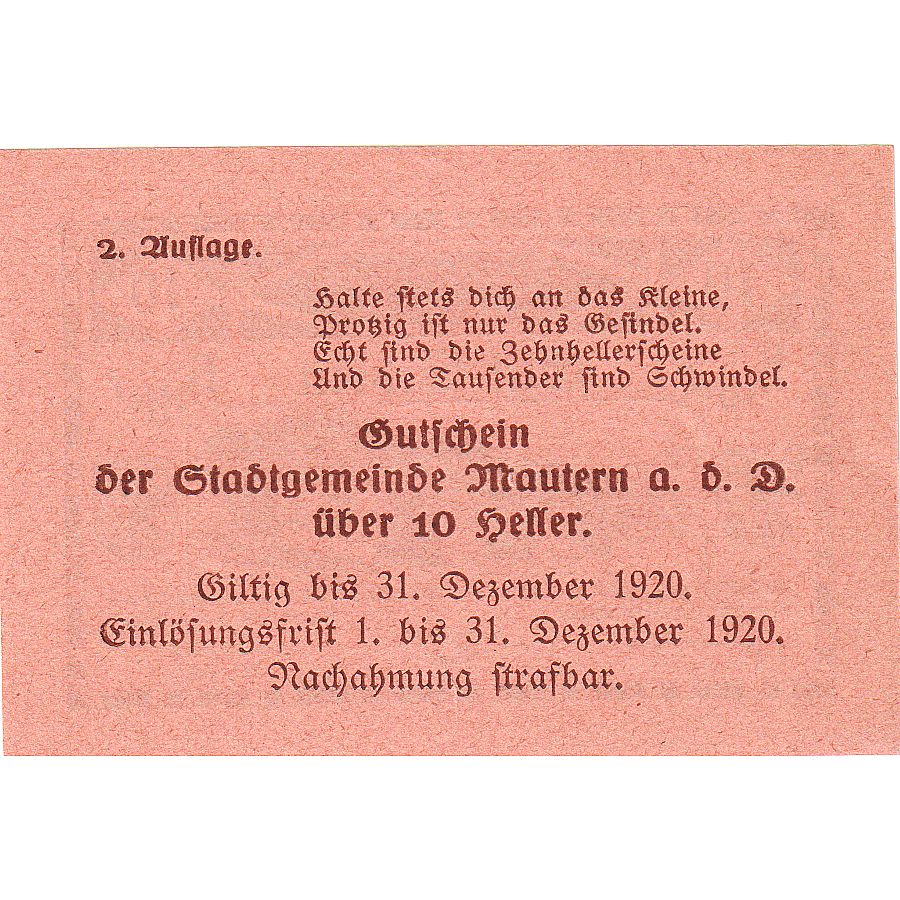 Austria, Mautern, 10 Heller, Blason, 1920, 1920-12-31, UNC(63), Mehl:FS 600IAa