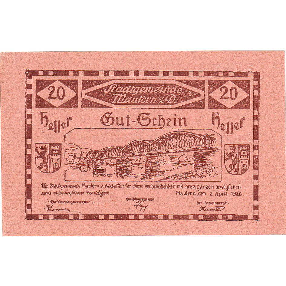 Austria, Mautern, 20 Heller, pont, 1920, 1920-12-31, UNC(63), Mehl:FS 600IAa