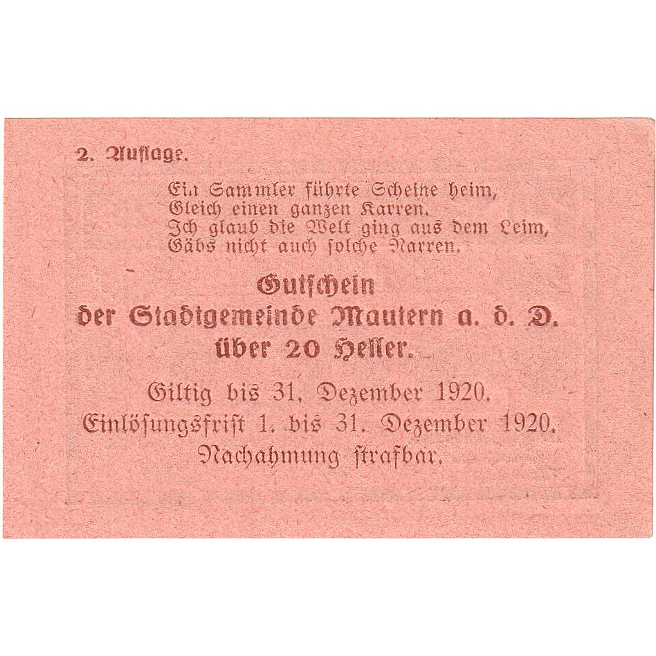 Austria, Mautern, 20 Heller, pont, 1920, 1920-12-31, UNC(63), Mehl:FS 600IAa