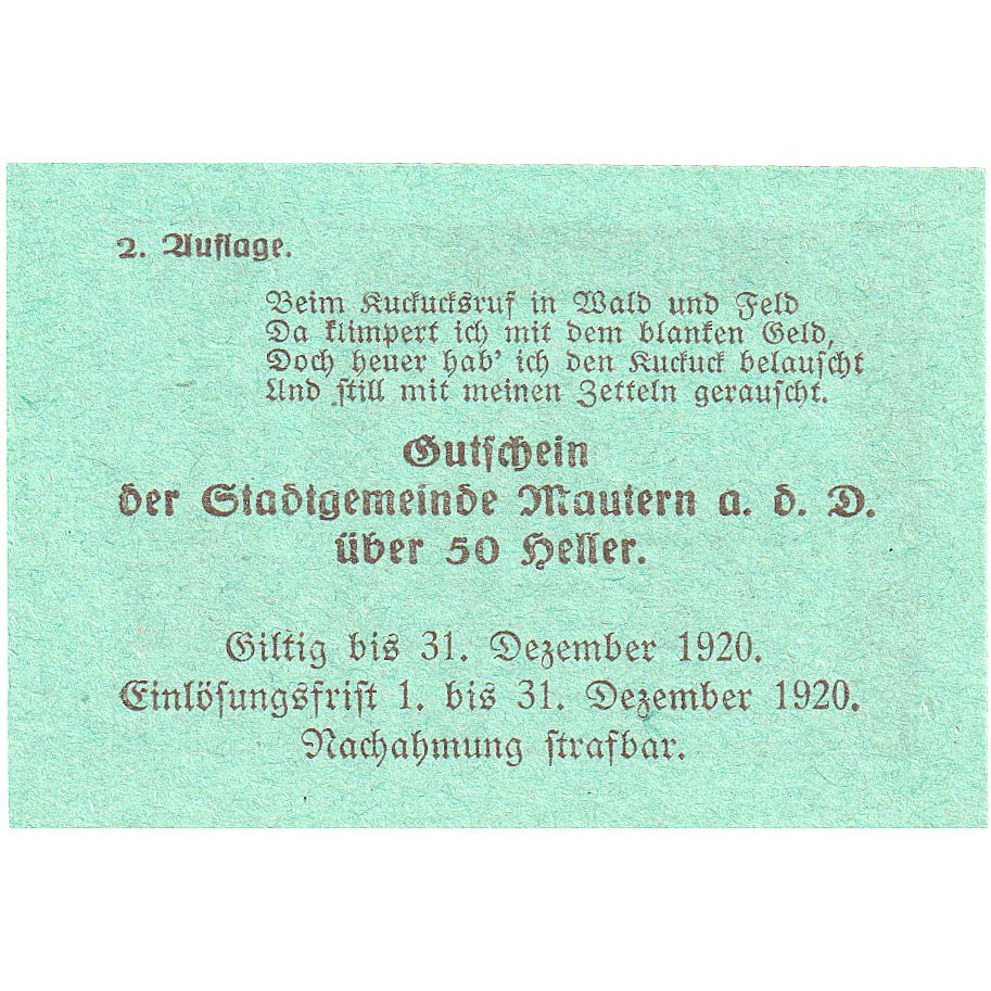 Austria, Mautern, 50 Heller, village, 1920, 1920-12-31, UNC(63), Mehl:FS 600IAa