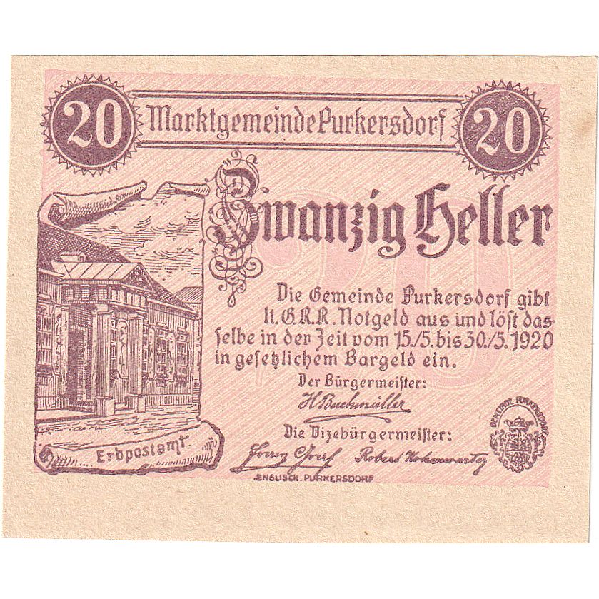 Austria, Purkersdorf, 20 Heller, mairie, 1920, 1920-05-30, UNC(63), Mehl:FS 801a