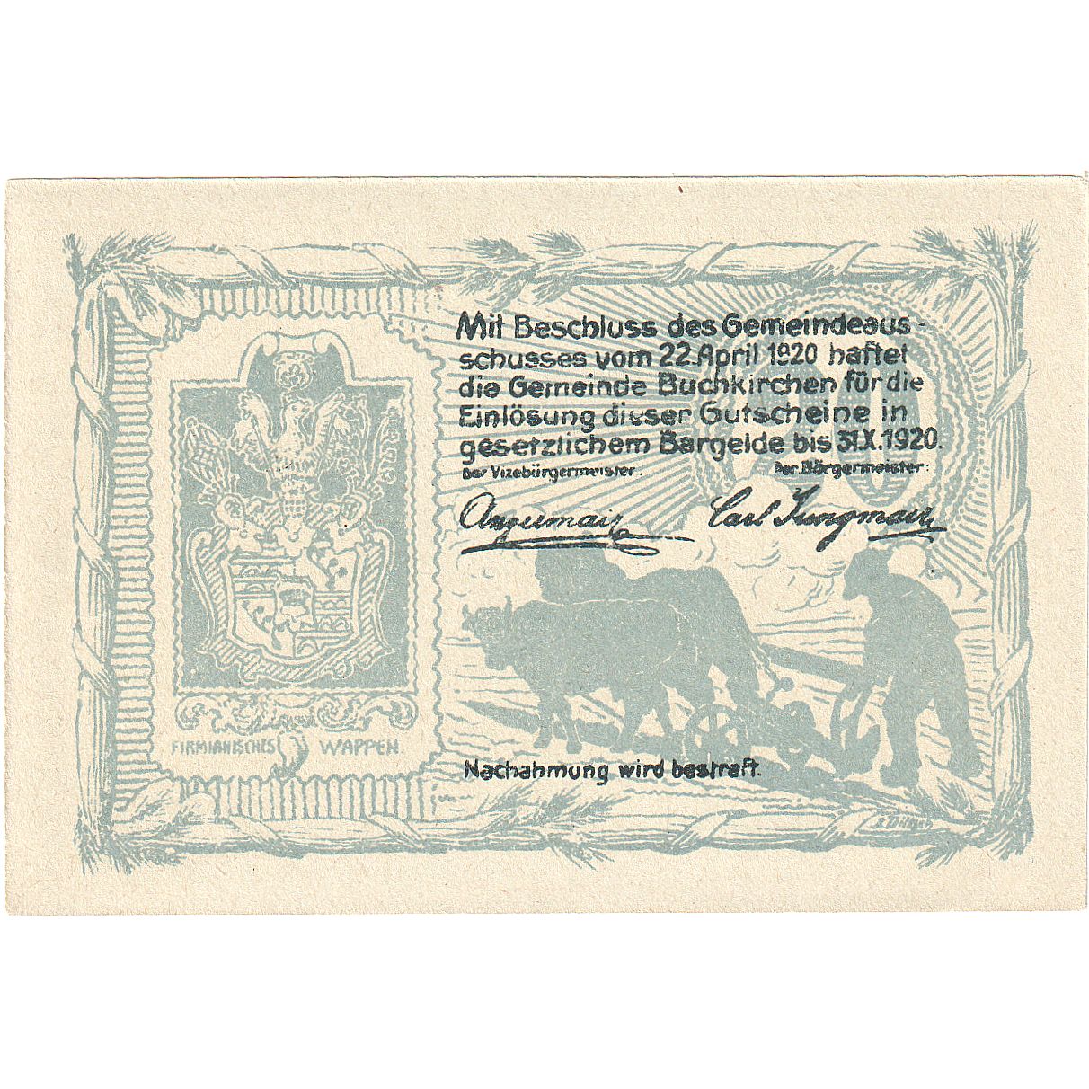 Autriche, Buchkirchen, 20 Heller, champs, 1920, 1920-10-31, SPL, Mehl:FS 114a