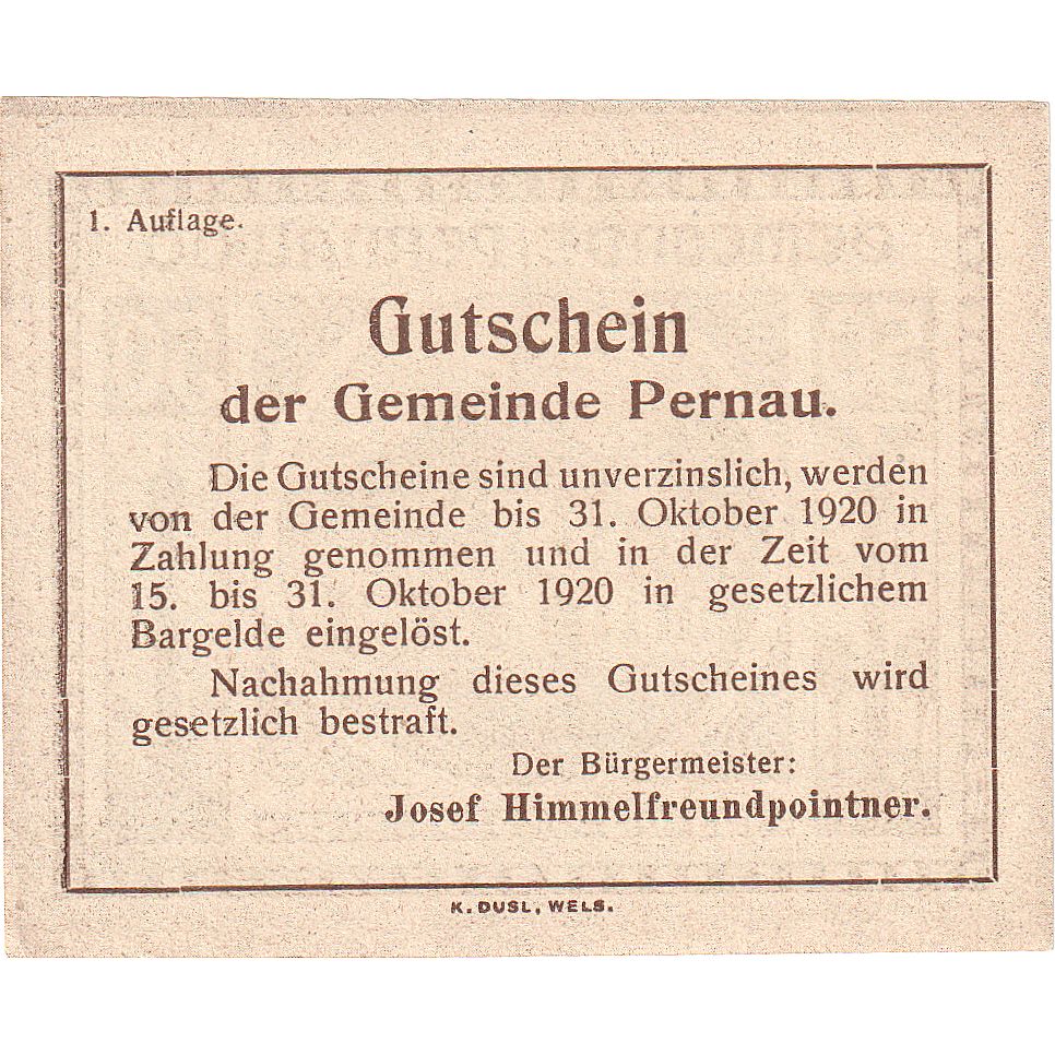 Autriche, Pernau, 50 Heller, Eglise, 1920, 1920-10-31, SPL, Mehl:FS 734Ia