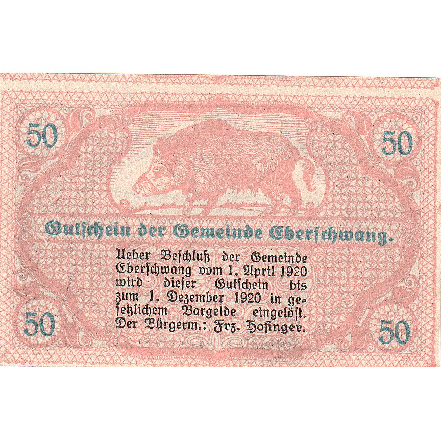 Autriche, Eberschwang, 50 Heller, sanglier, 1920, 1920-12-01, SPL, Mehl:FS 145a