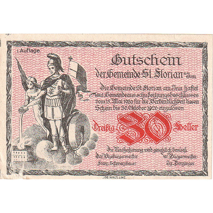 Austria, St Florian, 30 Heller, personnage 1920-10-31, UNC(63), Mehl:FS 881a