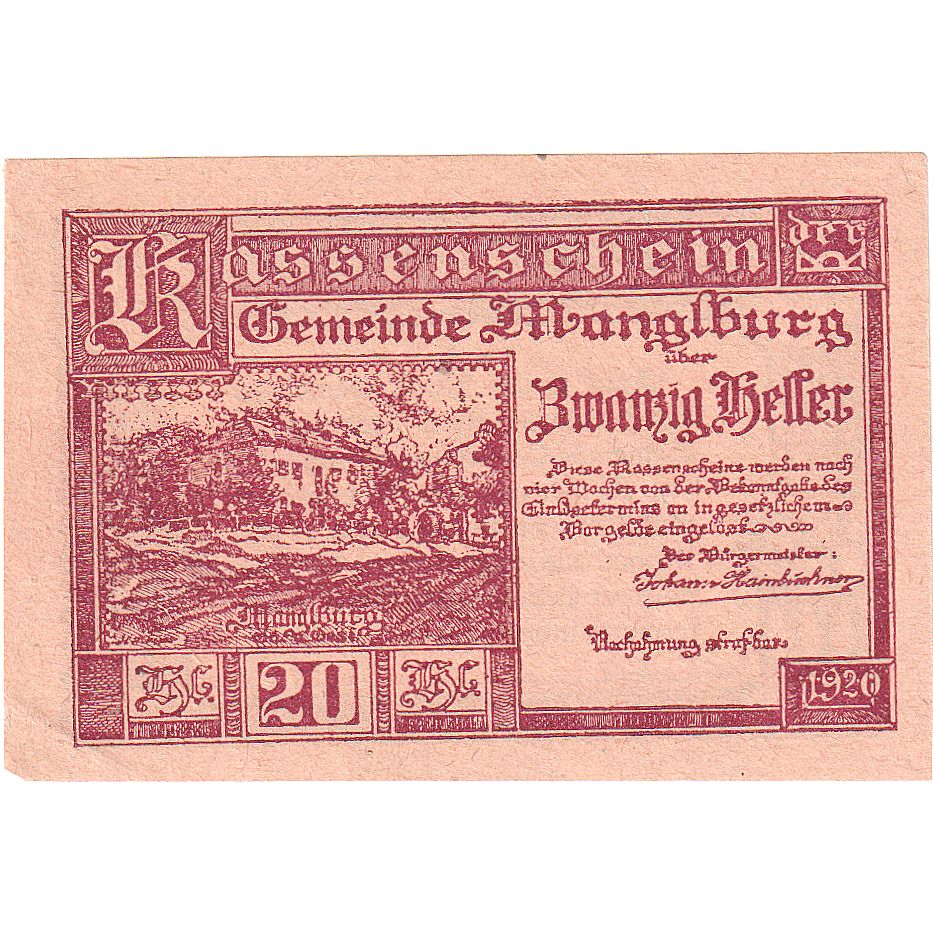 Austria, Manglburg, 20 Heller, manoir, 1920, 1920-04-24, UNC(63), Mehl:FS 288