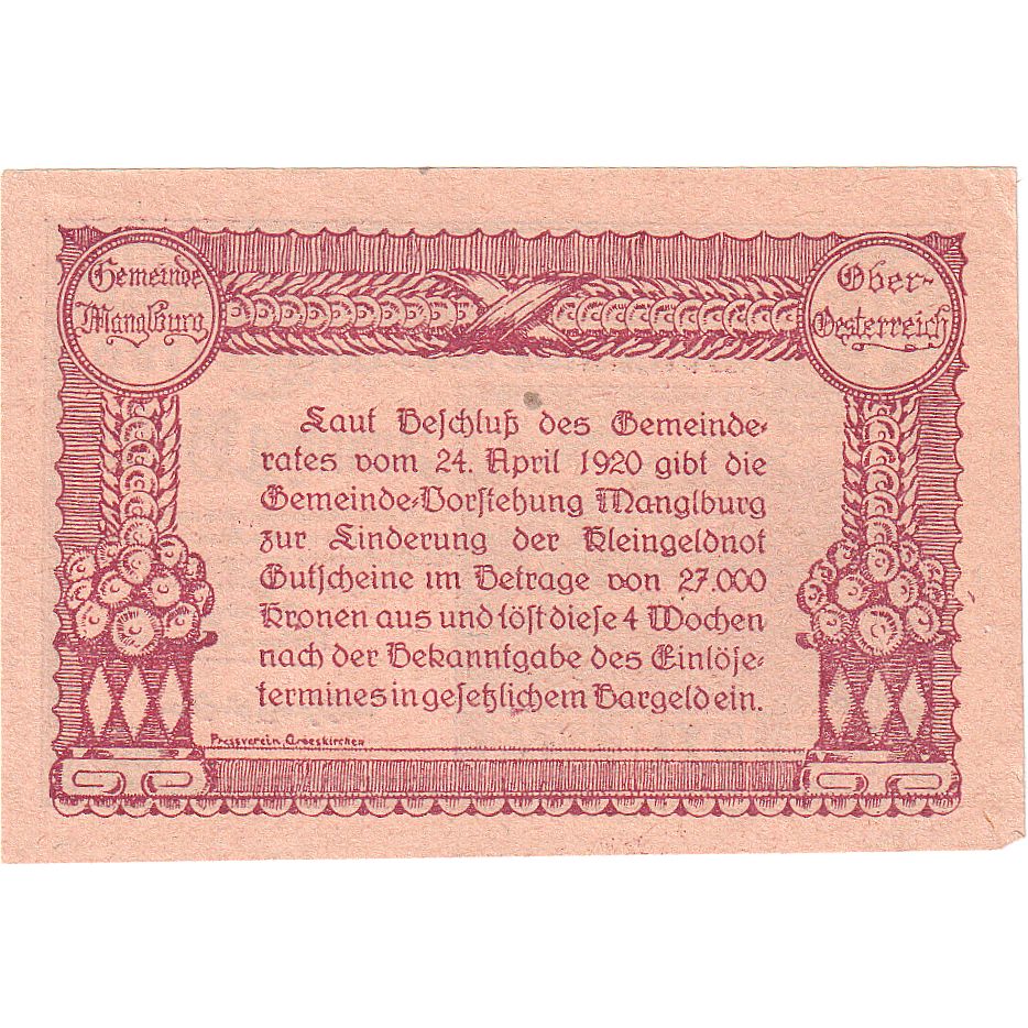 Austria, Manglburg, 20 Heller, manoir, 1920, 1920-04-24, UNC(63), Mehl:FS 288