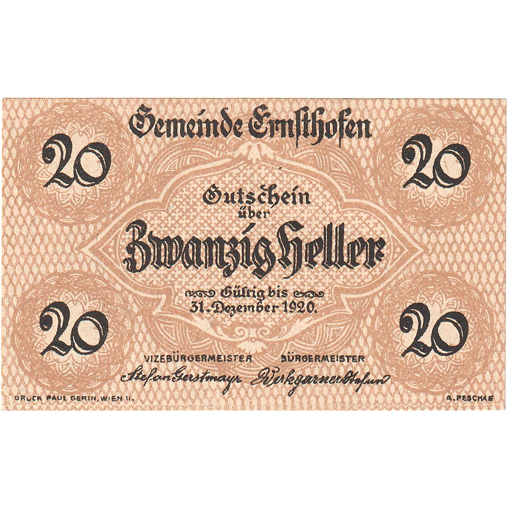 Austria, Ernsthofen, 20 Heller, Eglise, 1920, 1920-12-31, UNC(63), Mehl:FS 184a