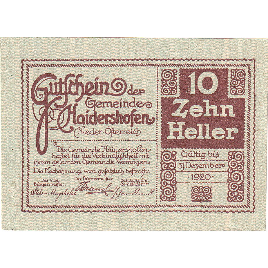 Austria, Haidershofen, 10 Heller, château 1920-12-31, UNC(63), Mehl:FS 335Ib