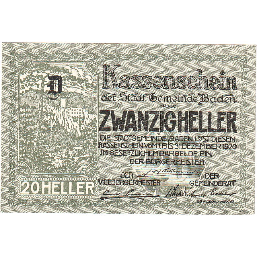Autriche, Baden, 20 Heller, château, 1920, 1920-12-31, SPL, Mehl:FS 74a