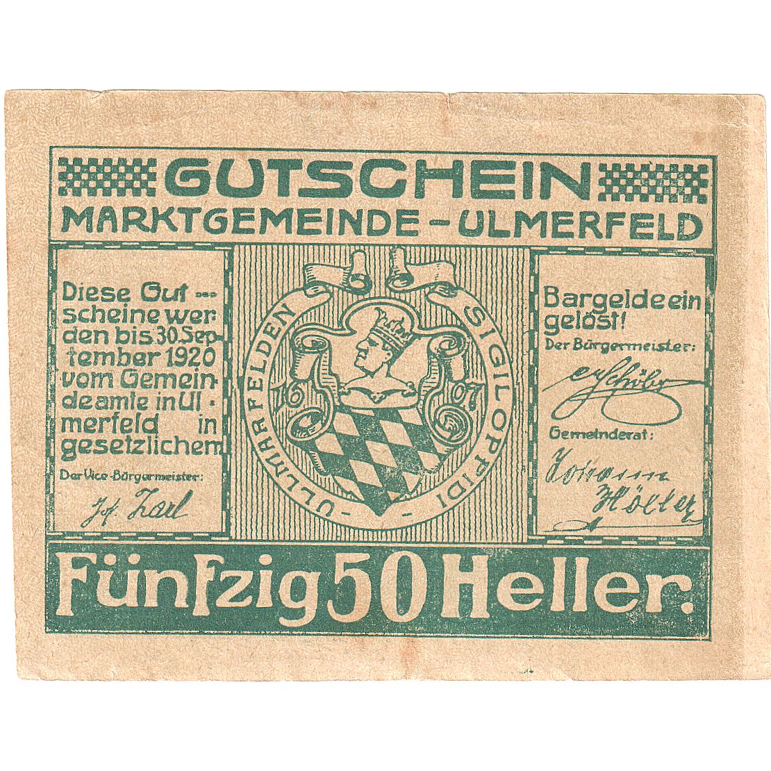 Autriche, Ulmerfeld, 50 Heller, Blason, 1920, 1920-09-30, SUP, Mehl:FS 1089Ia