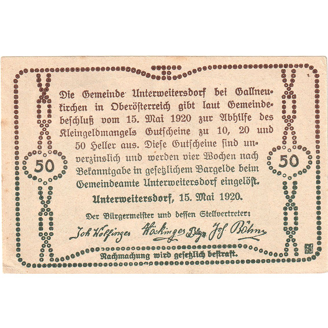 Autriche, Unterweitersdorf, 50 Heller, chalet, 1920, SUP, Mehl:FS 1102
