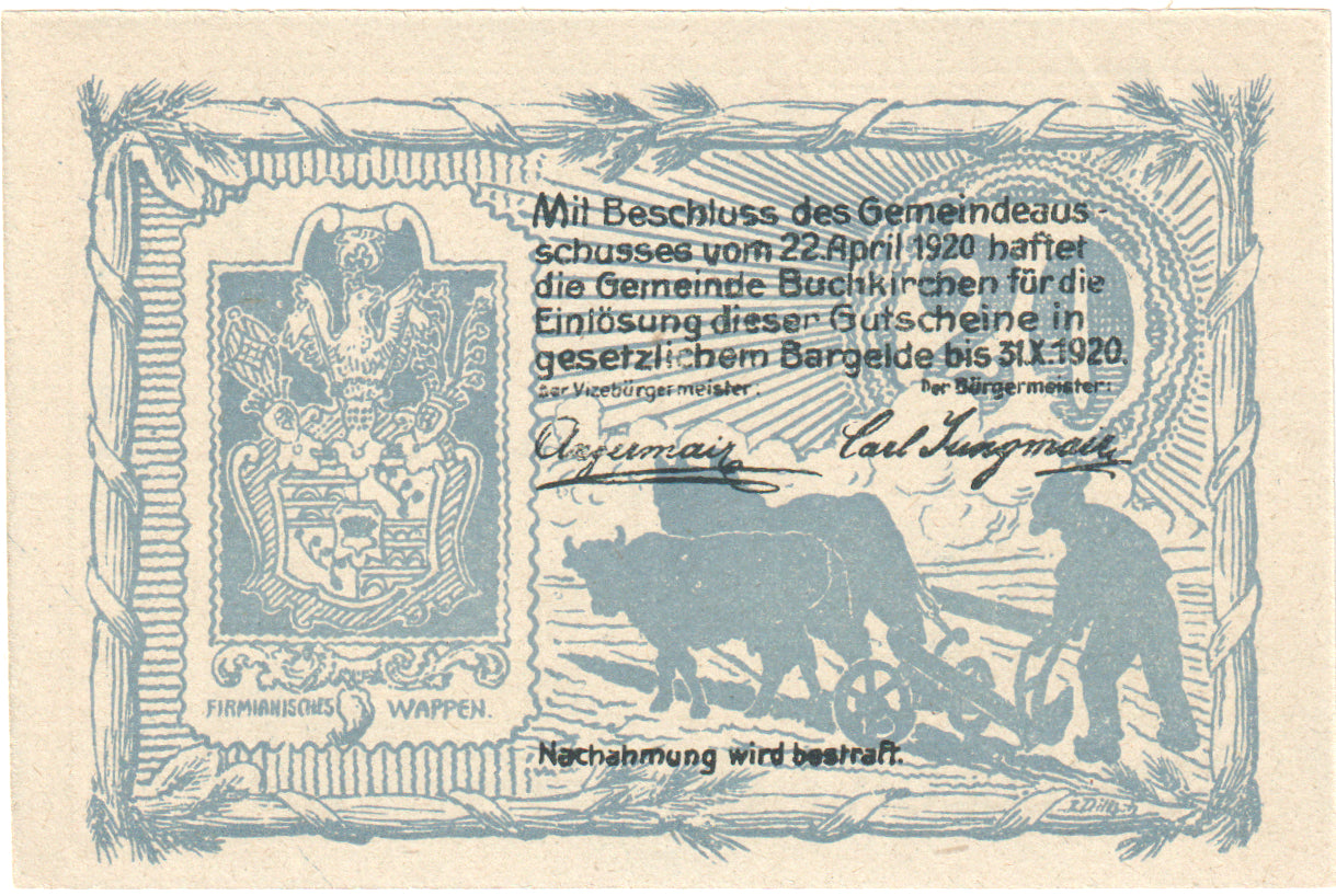 Autriche, Buchkirchen, 20 Heller, Blason, 1920, 1920-10-31, SPL, Mehl:FS 114a