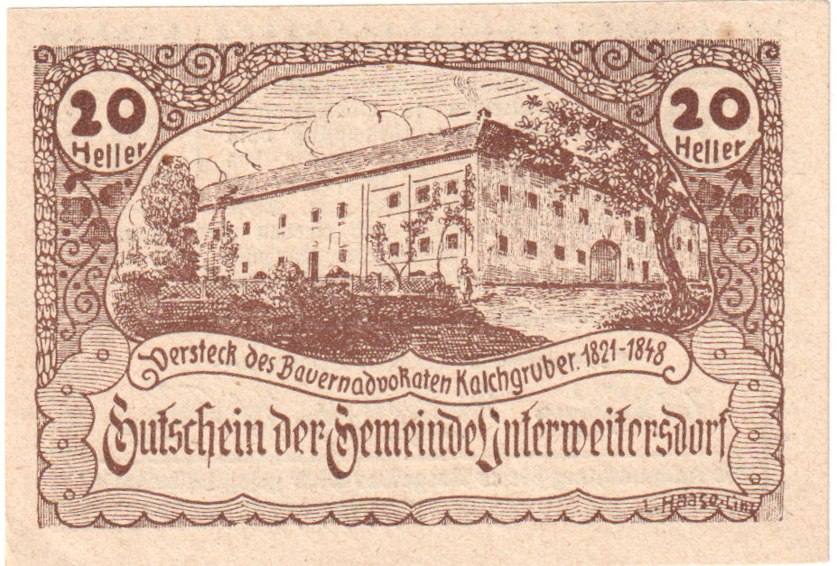 Autriche, Unterweitersdorf, 20 Heller, château, 1920, SPL, Mehl:FS 1102
