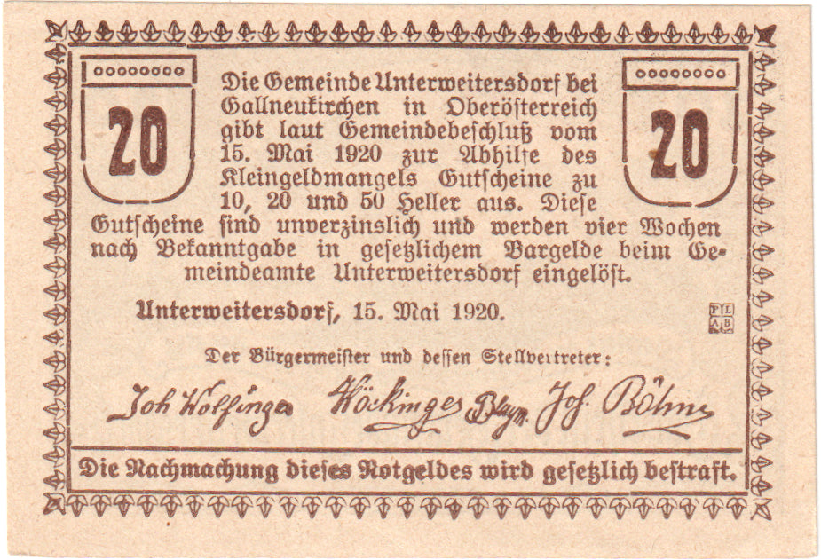 Autriche, Unterweitersdorf, 20 Heller, château, 1920, SPL, Mehl:FS 1102