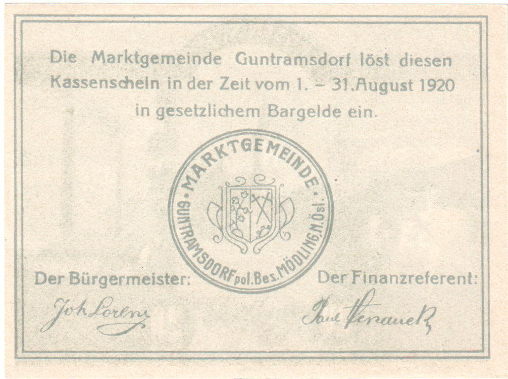 Autriche, Guntramsdorf, 20 Heller, Usine, 1920, 1920-08-31, SPL, Mehl:FS 310a