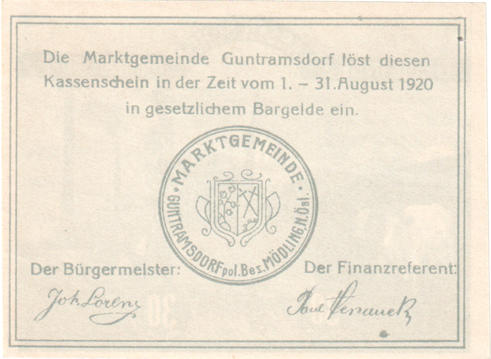 Autriche, Guntramsdorf, 30 Heller, Animaux, 1920, 1920-08-31, SPL, Mehl:FS 310a