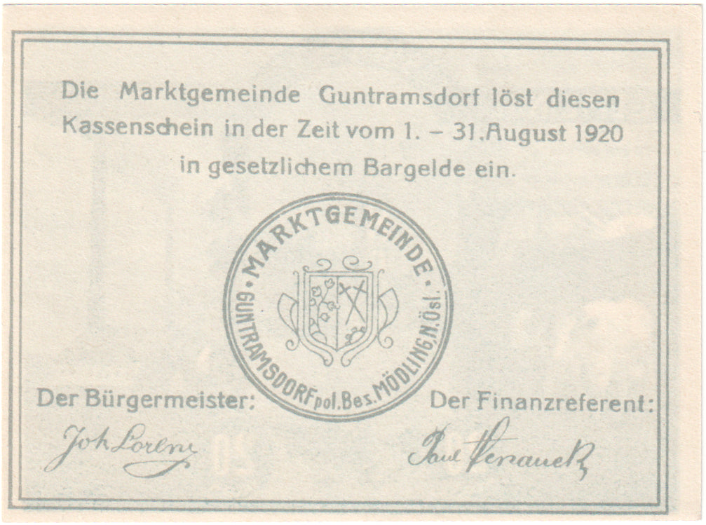Austria, Guntramsdorf, 20 Heller, Eglise, 1920, 1920-08-31, SC, Mehl:FS 310a