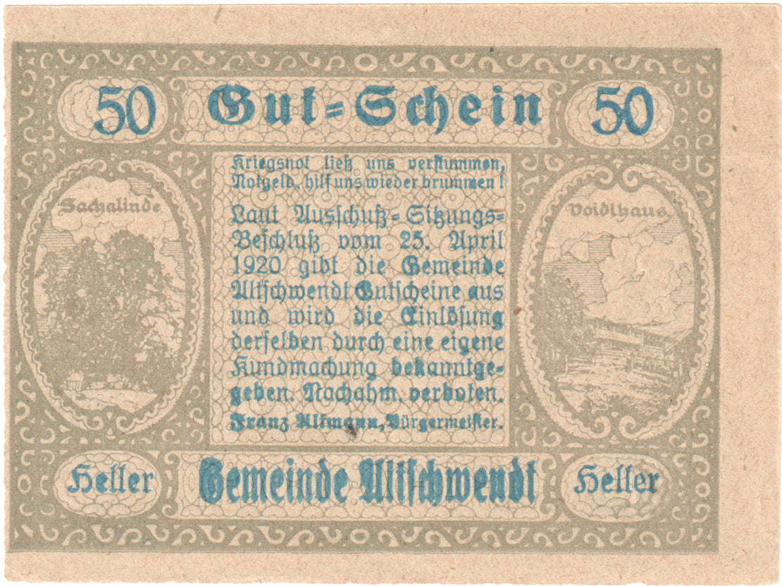 Austria, Altschwendt, 50 Heller, Clocher, 1920, SC, Mehl:FS 35IIa