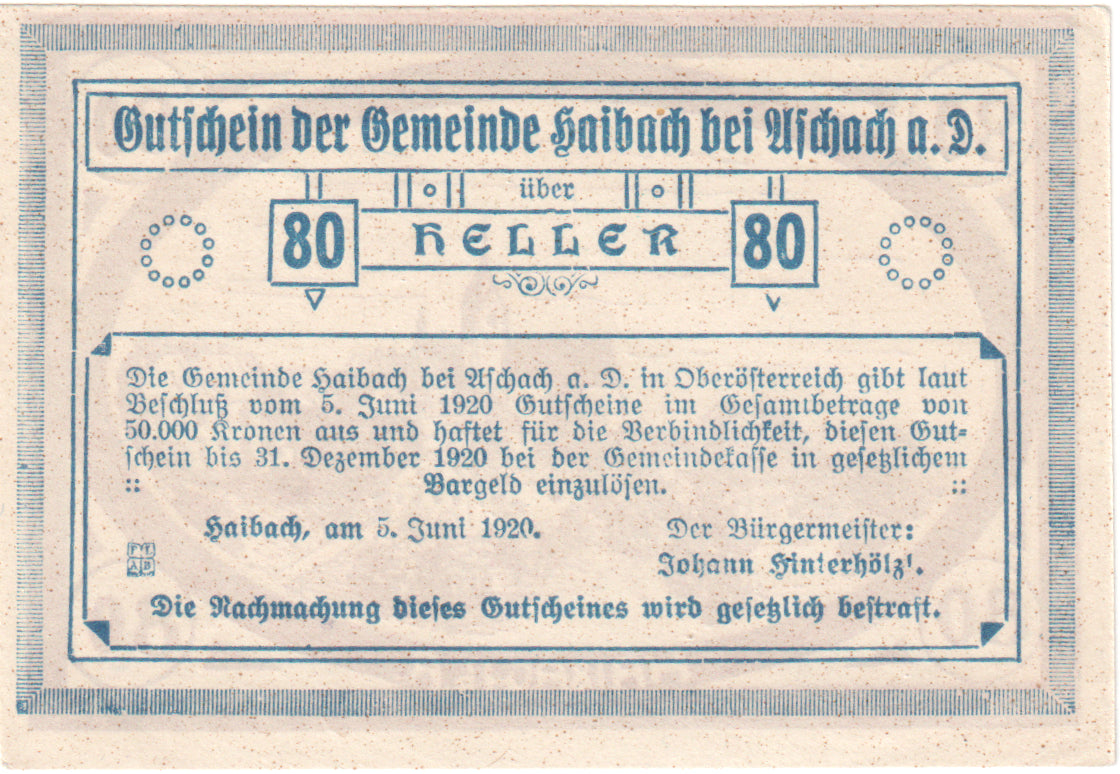 Austria, Aschach, 80 Heller, village, 1920, 1920-12-31, SC, Mehl:FS 332IIb