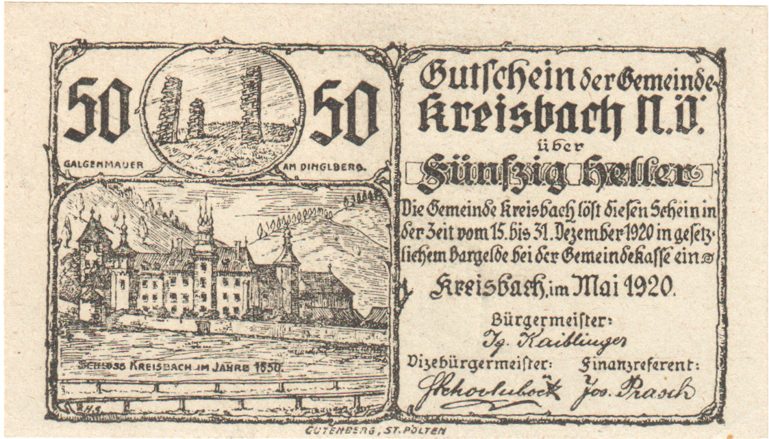 Austria, Kreisbach, 50 Heller, château, 1920, UNC(63), Mehl:FS 386