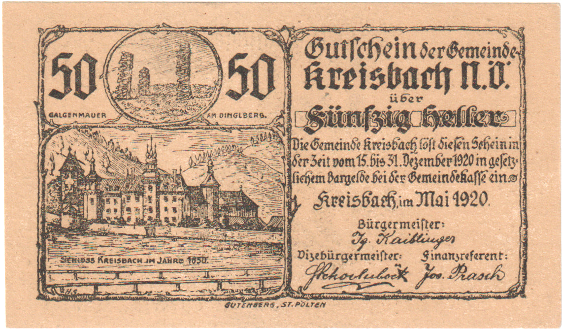 Autriche, Kreisbach, 50 Heller, chateau 1, 1920, SPL, Mehl:FS 386