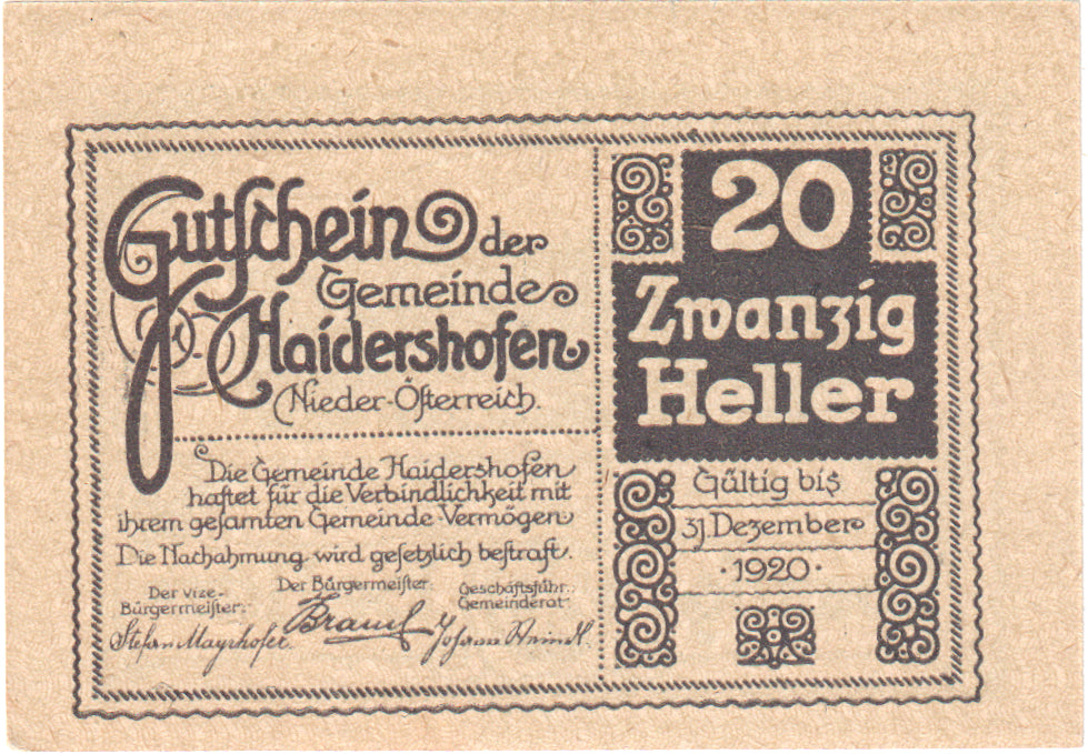 Autriche, Haidershofen, 20 Heller, château 1920-12-31, SPL Mehl:FS 335Ib