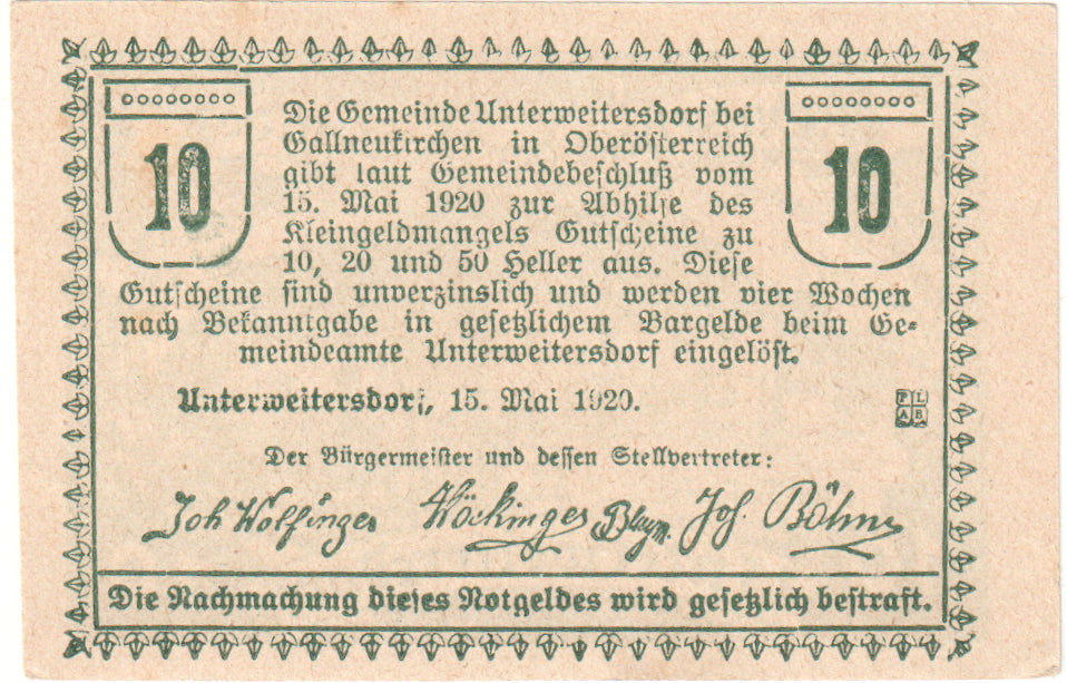 Austria, Unterweitersdorf, 10 Heller, Taverne, 1920, UNC(63), Mehl:FS 1102