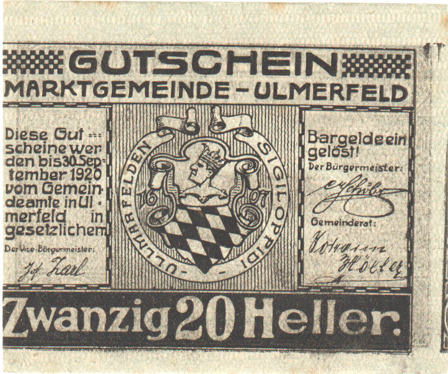 Autriche, Ulmerfeld, 20 Heller, Blason, 1920, 1920-09-30, SPL, Mehl:FS 1089Ia