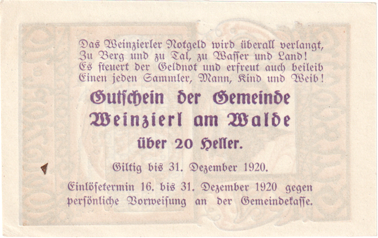 Autriche, Weinzierl am Walde, 20 Heller, Eglise 1920-12-31, SPL Mehl:FS 1152