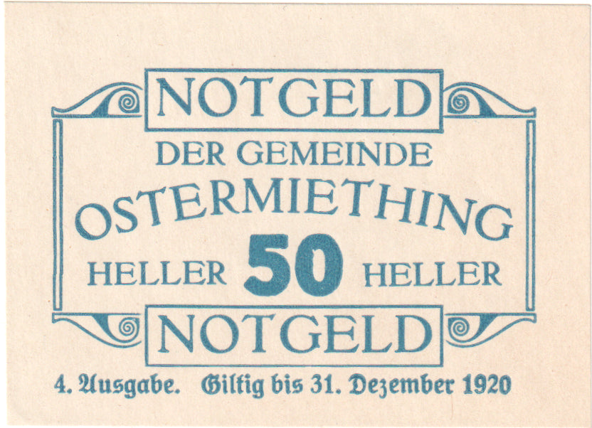 Autriche, Ostermiething, 50 Heller, Texte, 1920, 1920-12-31, SPL, Mehl:FS 713IVa
