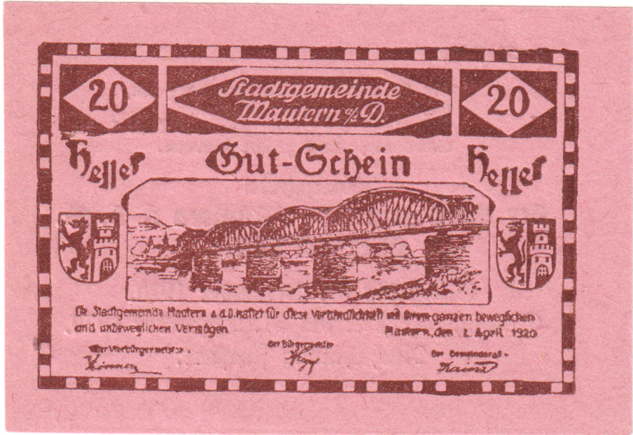 Autriche, Mautern, 20 Heller, pont, 1920, 1920-12-31, SPL, Mehl:FS 600IIe2