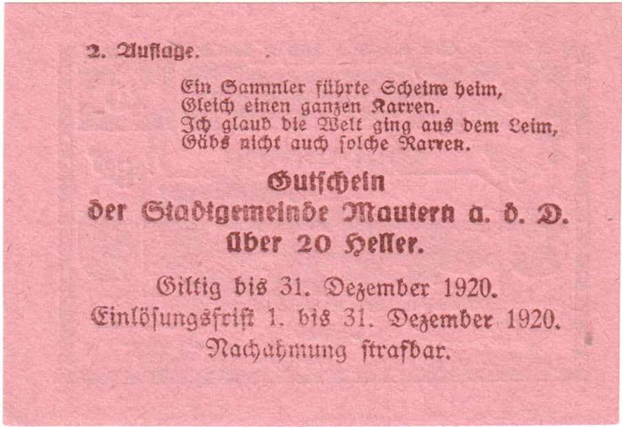 Autriche, Mautern, 20 Heller, pont, 1920, 1920-12-31, SPL, Mehl:FS 600IIe2