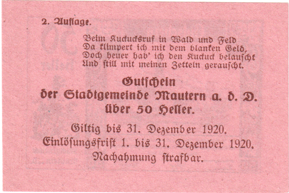 Autriche, Mautern, 50 Heller, village, 1920, 1920-12-31, SPL, Mehl:FS 600IIe2
