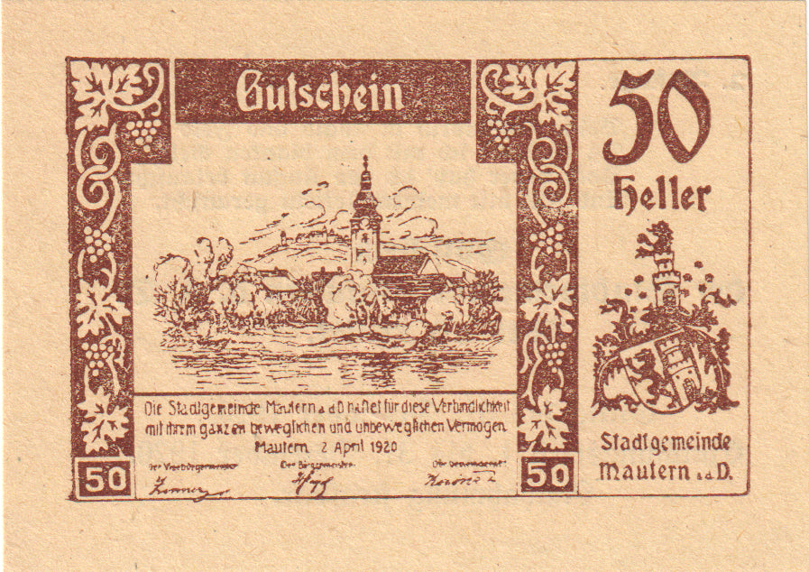 Autriche, Mautern, 50 Heller, paysage, 1920, 1920-12-31, SPL, Mehl:FS 600IIb2x