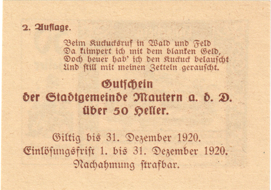 Autriche, Mautern, 50 Heller, paysage, 1920, 1920-12-31, SPL, Mehl:FS 600IIb2x