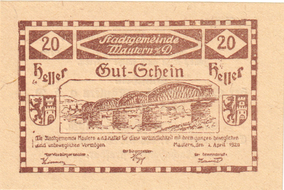 Autriche, Mautern, 20 Heller, pont, 1920, 1920-12-31, SPL, Mehl:FS 600IIb2x