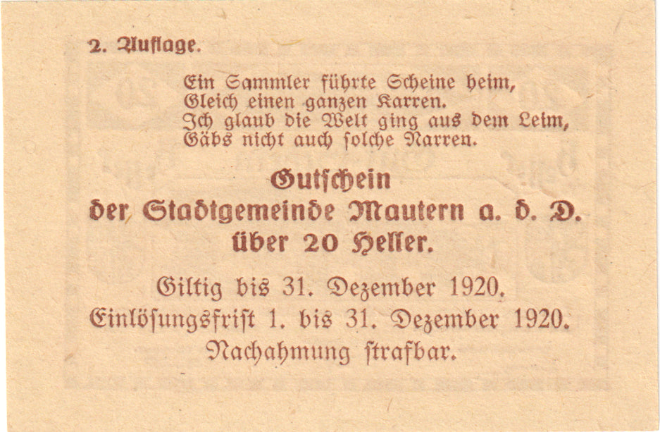 Autriche, Mautern, 20 Heller, pont, 1920, 1920-12-31, SPL, Mehl:FS 600IIb2x