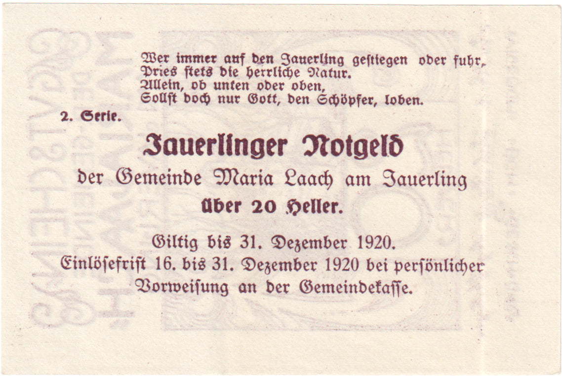 Autriche, Maria-Laach, 20 Heller, Eglise, 1920, 1920-12-31, SPL