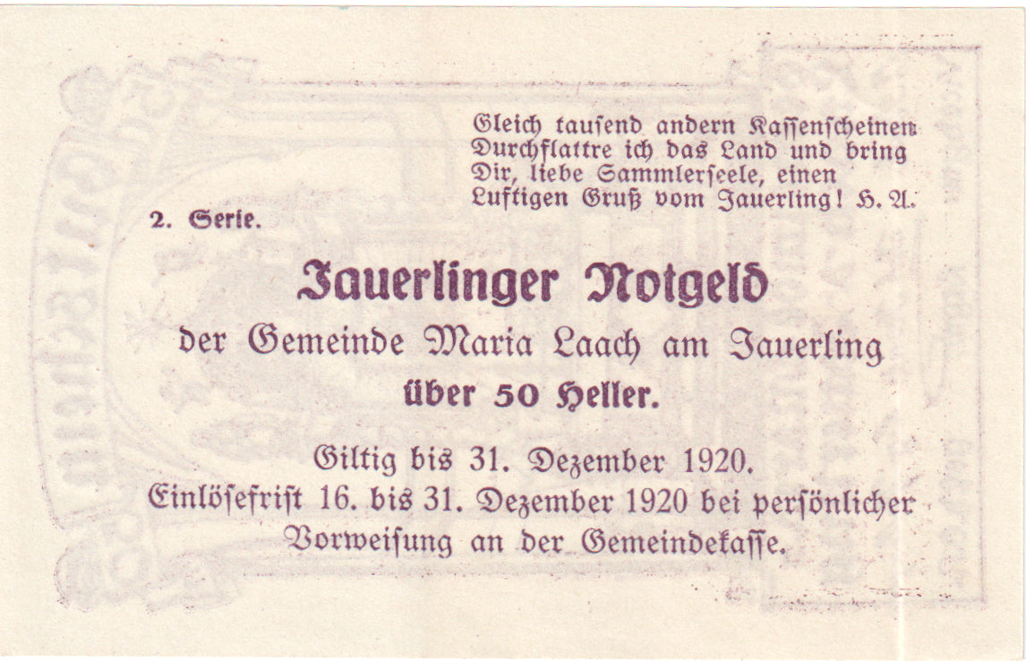 Autriche, Maria-Laach, 50 Heller, autel, 1920, 1920-12-31, SPL