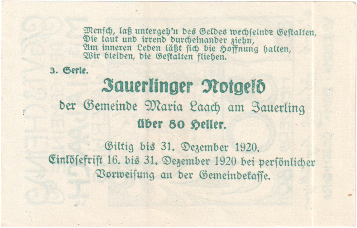 Autriche, Maria-Laach, 80 Heller, village, 1920, 1920-12-31, SPL