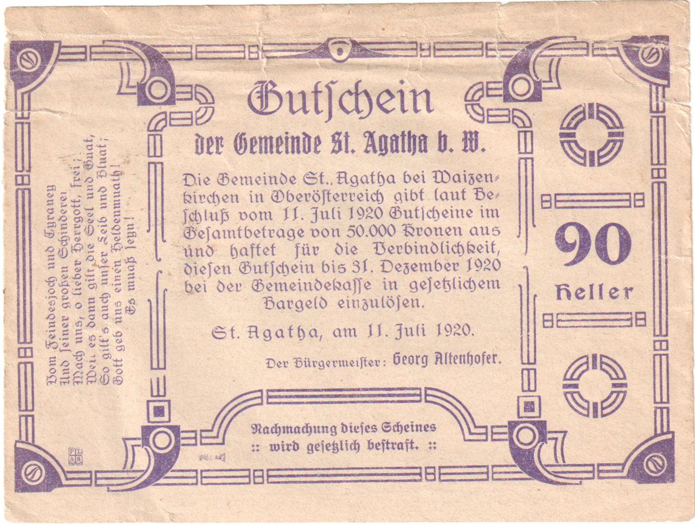 Austria, St Agatha, 90 Heller, personnage, 1920, 1920-12-31, MBC, Mehl:FS 877IIe